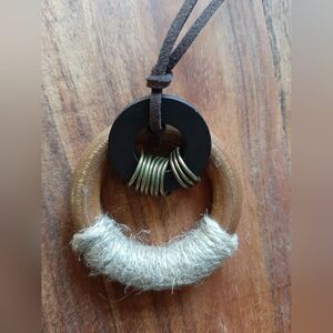Black and Brown Whool Wrapped Wooden  Pendant Necklace